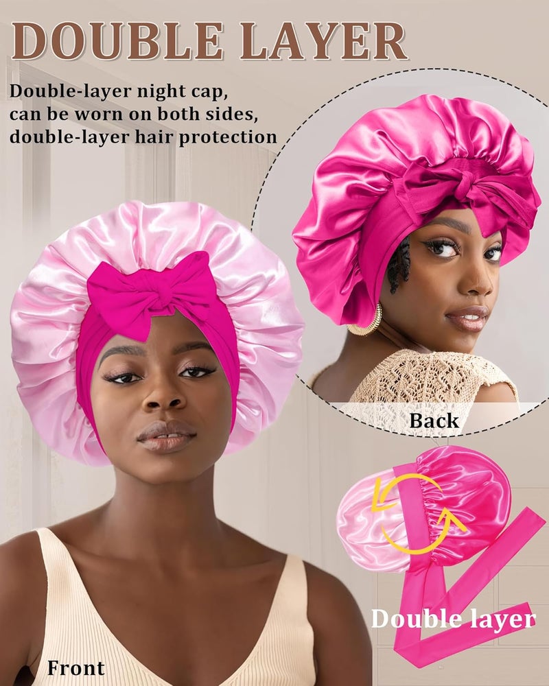 CHLINS Reversible Satin Bonnet for Sleeping Women Double Layer Hair Bonnet with 2PCS Hair Scrunchies Elastic Tie Band Night Cap - Image 4